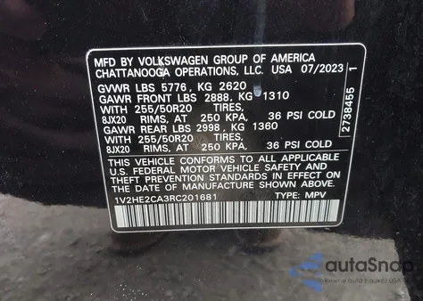 2024 Volkswagen Atlas Cross Sport 2.0T Se W/Technology из США, поврежденный, VIN 1V2HE2CA3RC201681